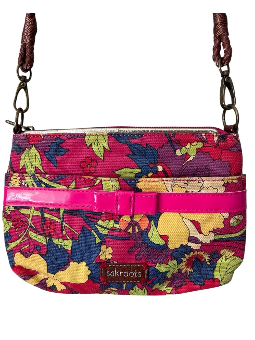 Sakroots Pink Floral Canvas Crossbody Bag Pink Patent Leather Bow